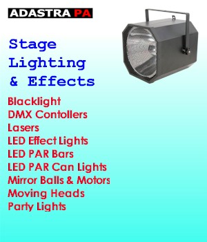 Adastra PA - Stage Lighting and Effects - Blacklight - DMX Contollers - Lasers - LED Effect Lights - LED PAR Bars - LED PAR Can Lights - Mirror Balls & Motors - Moving Heads - Party Lights