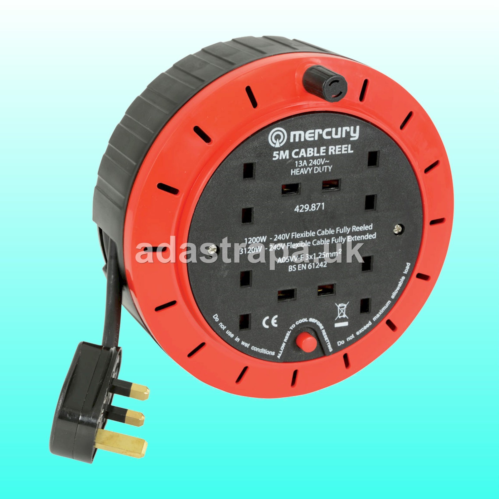 Mercury 429.871UK 13A Mains Extension Reel 4-Gang with Thermal Cut-Out 5M - 429.871UK