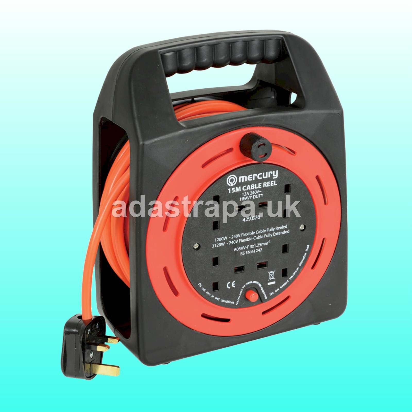 Mercury 429.876UK 13A Mains Extension Reel 4-Gang with Thermal Cut-Out 15M - 429.876UK