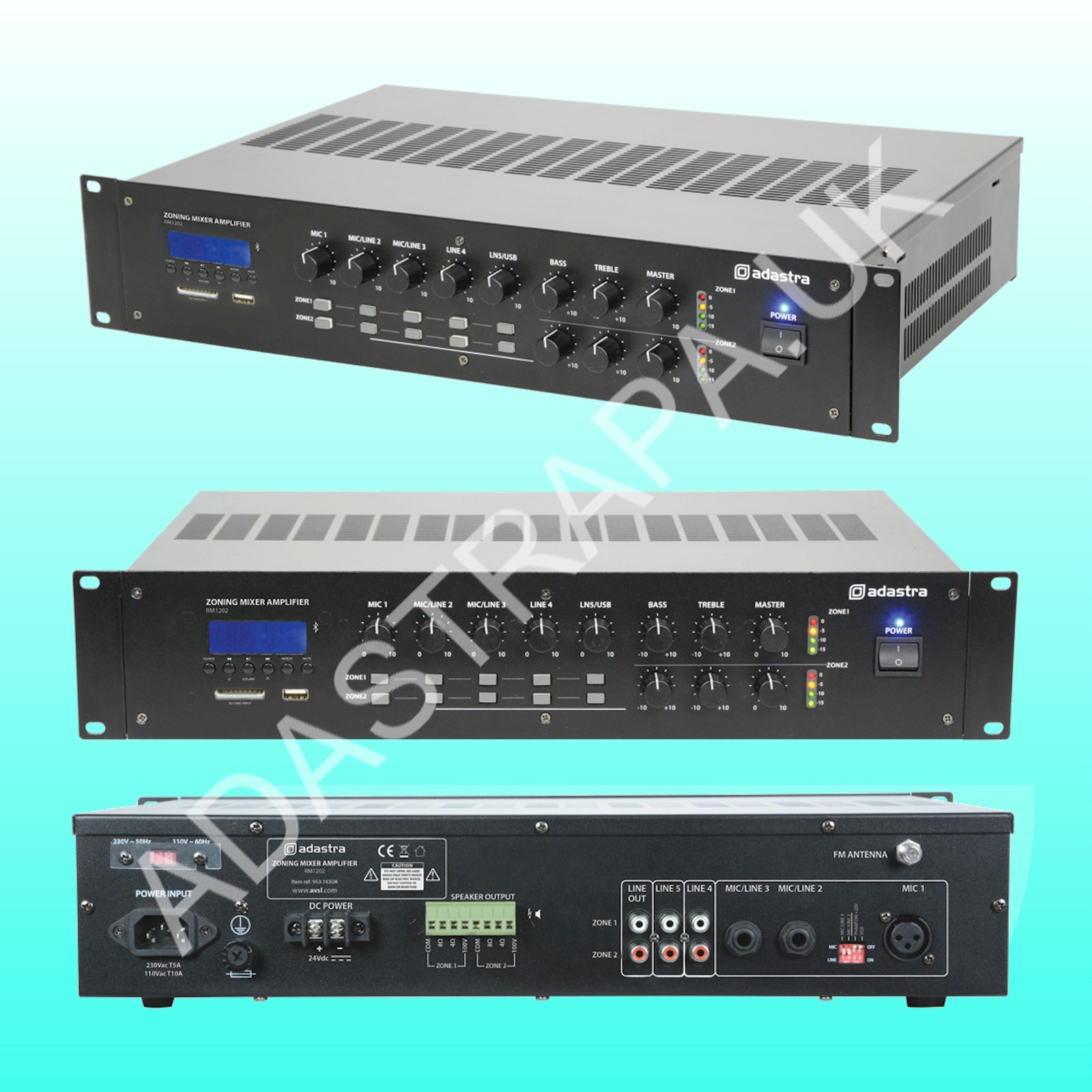 Adastra RM1202 Rack Mount 2-Zone Mixer Amplifier 2 x 120W rms USB/SD/FM/Bluetooth - 953.163UK
