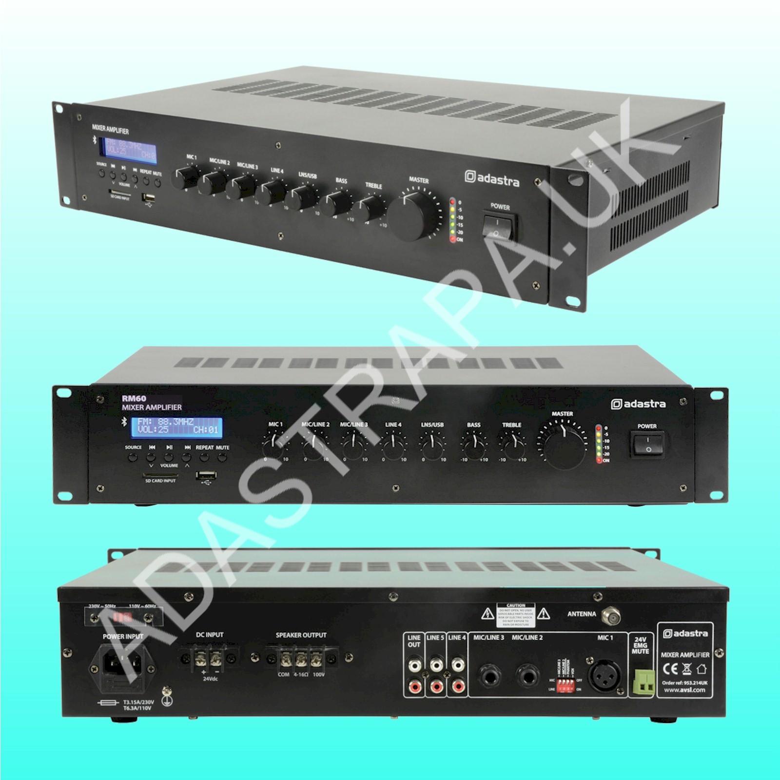 Adastra RM60 Rack Mount Mixer Amplifier 60W rms 100V Line/8 Ohm Speakers - 953.213UK