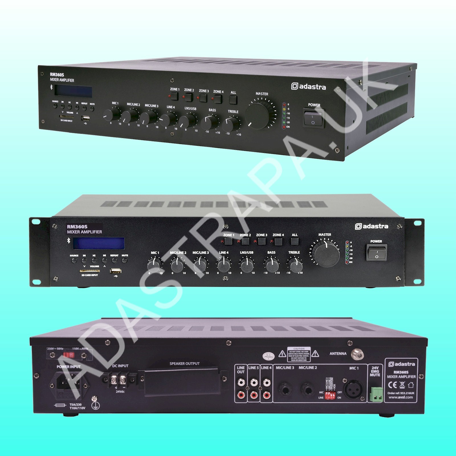Adastra RM360S Rack Mount Mixer Amplifier 360W rms 100V Line/8 Ohm Speakers - 953.216UK