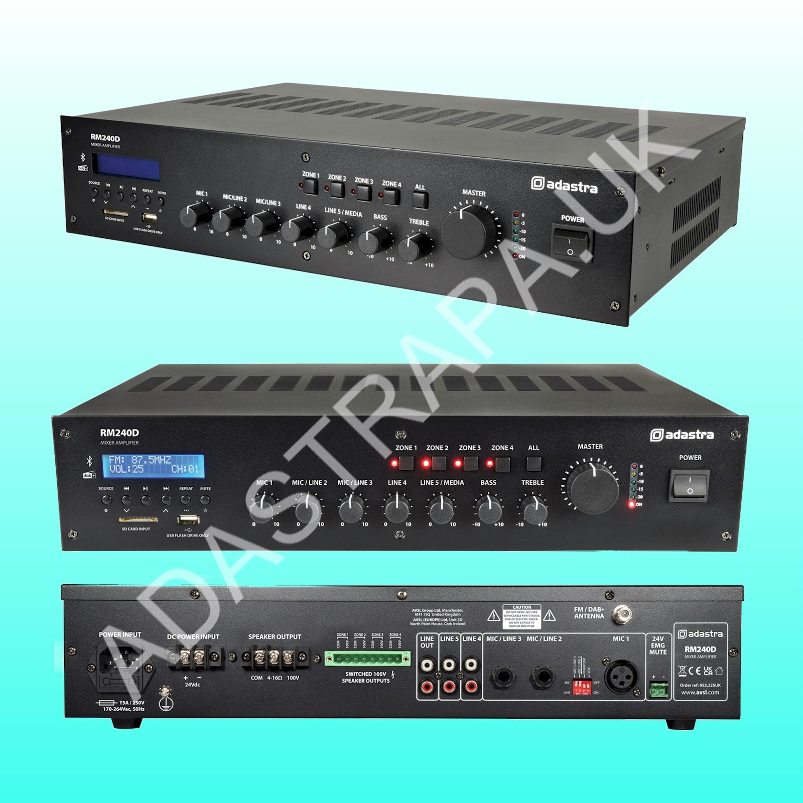 Adastra RM240D Rack Mount Mixer Amplifier 240W rms 100V Line/8 Ohm Speakers - 953.225UK